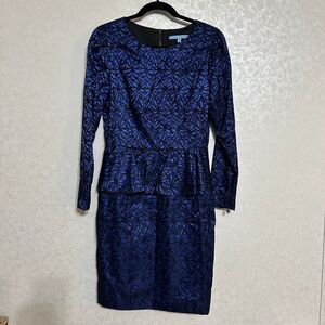 Antonio Melani Blue Satin W Black Floral Lace Peplum Knee‎ Length Sheath Dress 8